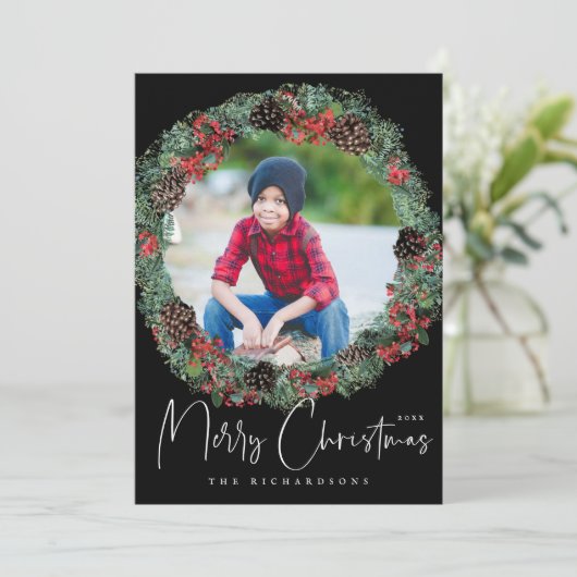 クリスマスリースフォトフレームonブラックホリデー シーズンカード (スタンド正面)