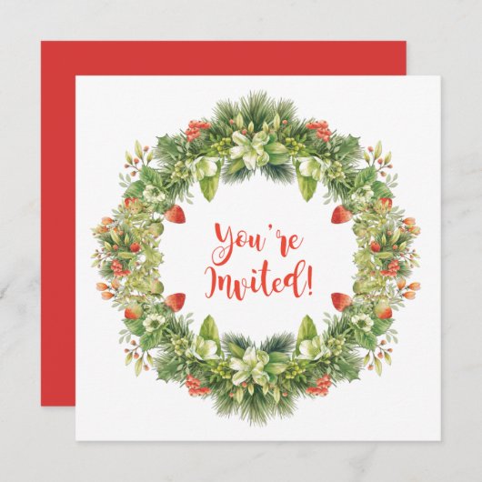 クリスマスリースベリーフラワーズホリーパイン招待状 招待状 (正面/裏面)