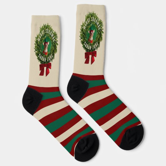 クリスマスリースペット写真ストライプのクリスマスソックス ソックス (右)