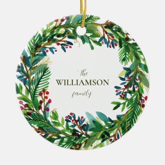 クリスマスリースホリデーファミリーネームホリ セラミックオーナメント (正面)