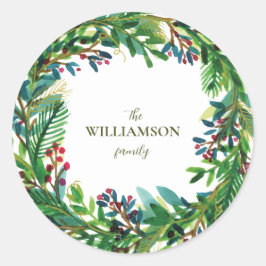クリスマスリースホリデーファミリーネームホリ ラウンドシール