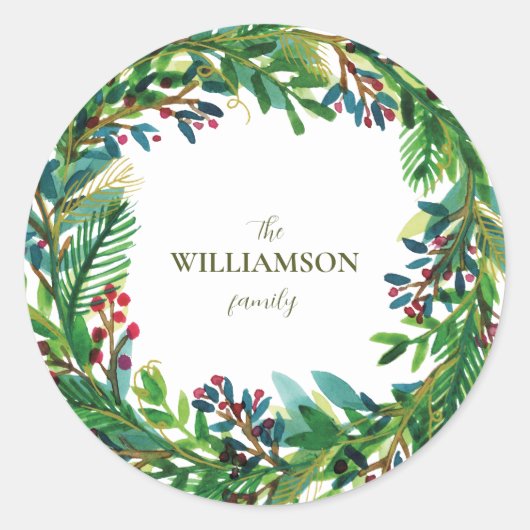 クリスマスリースホリデーファミリーネームホリ ラウンドシール (正面)