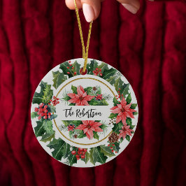 クリスマスリースホリー・ポインセチア家族の写真 セラミックオーナメント