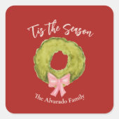 クリスマスリースボウレッドグリーンピンクお洒落おもしろい スクエアシール (正面)