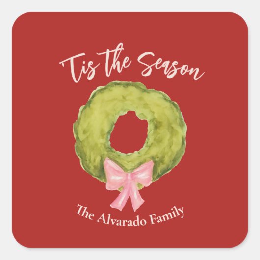 クリスマスリースボウレッドグリーンピンクお洒落おもしろい スクエアシール (正面)