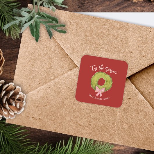 クリスマスリースボウレッドグリーンピンクお洒落おもしろい スクエアシール