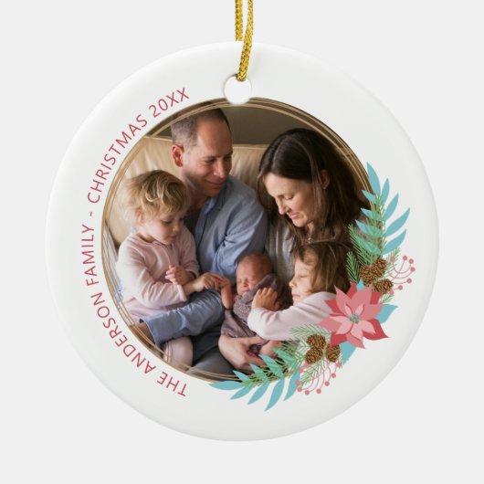 クリスマスリースポインセチア写真クリスマス セラミックオーナメント (正面)
