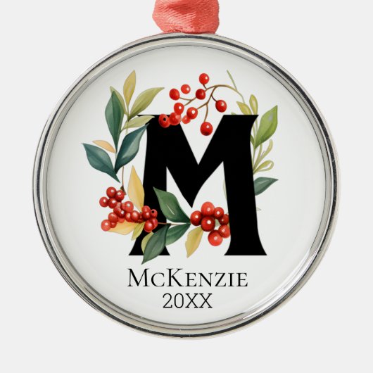 クリスマスリースモノグラムイニシャルM メタルオーナメント (正面)