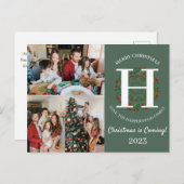 クリスマスリースモノグラムスクリプトファミリーフォト シーズンポストカード (正面/裏面)