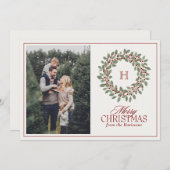 クリスマスリースモノグラムフォトメリークリスマス シーズンカード (正面/裏面)