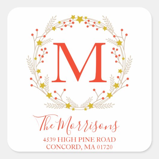 クリスマスリースモノグラムボタニカル差出人住所 スクエアシール (正面)