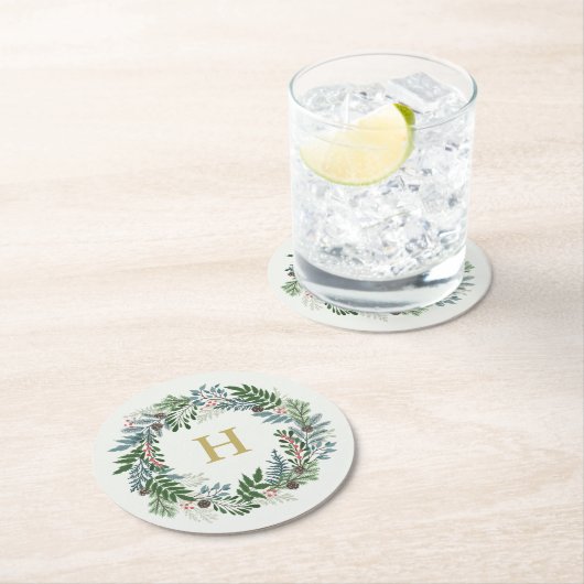 クリスマスリースモノグラム ラウンドペーパーコースター (インサイチュ)