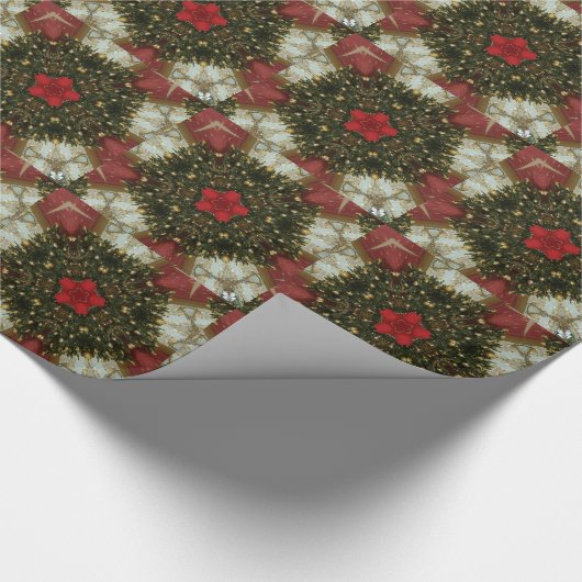 クリスマスリースレッドグリーン金ゴールドとレッドスター ラッピングペーパー (角)