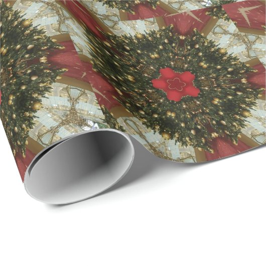 クリスマスリースレッドグリーン金ゴールドとレッドスター ラッピングペーパー (ロールコーナー)