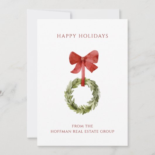 クリスマスリースレッドボウ企業のホリデーカード 招待状 (正面)