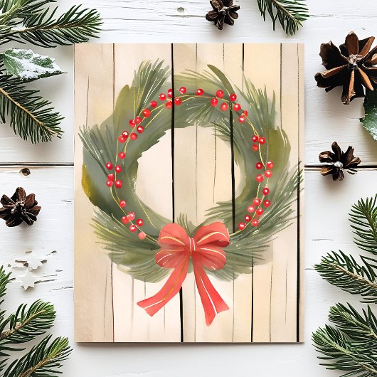 クリスマスリースレッドボウ | パインかわいらしウォーター色 シーズンポストカード