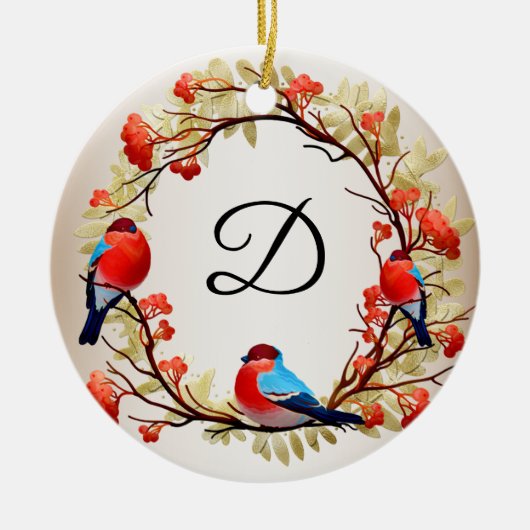 クリスマスリースレッドモノグラムイニシャル セラミックオーナメント (正面)