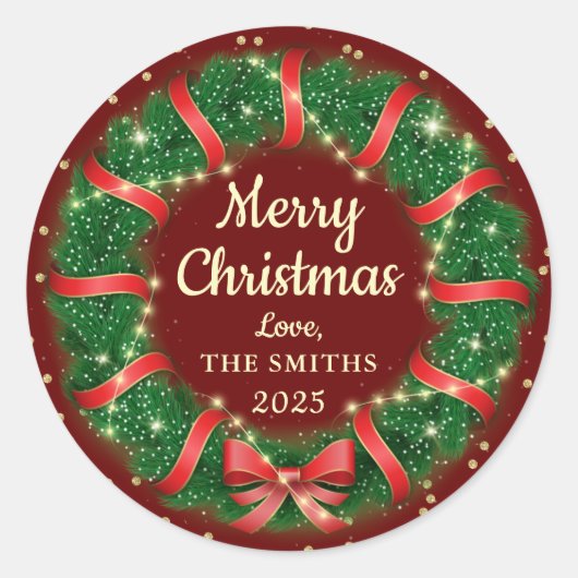 クリスマスリースレッドリボン金ゴールドグリッターホリデー ラウンドシール (正面)