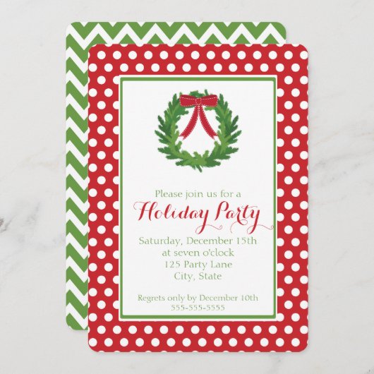 クリスマスリースレッド水玉模様ホリデー招待状 招待状 (正面/裏面)