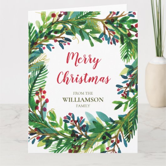 クリスマスリースワテカラーホリデーファミリー名 カード (正面)