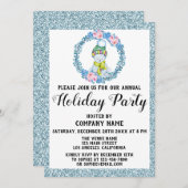 クリスマスリース会社ホリデーパーティブルーグリッター 招待状 (正面/裏面)