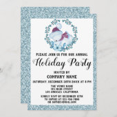 クリスマスリース会社ホリデーパーティブルーグリッター 招待状 (正面/裏面)