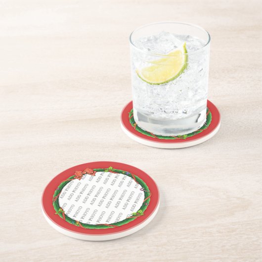 クリスマスリース写真と赤の背景を追加 コースター (側面)