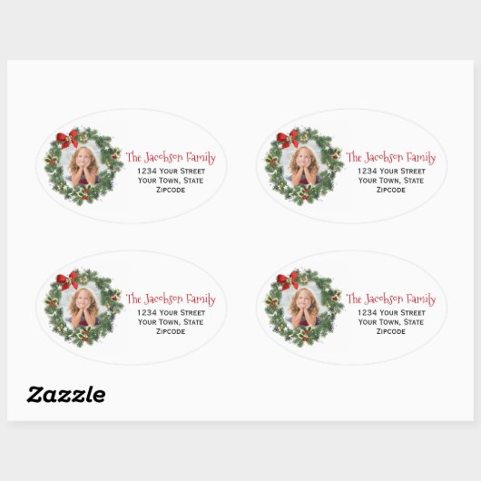クリスマスリース写真の特大差出人住所 楕円形シール (シート)
