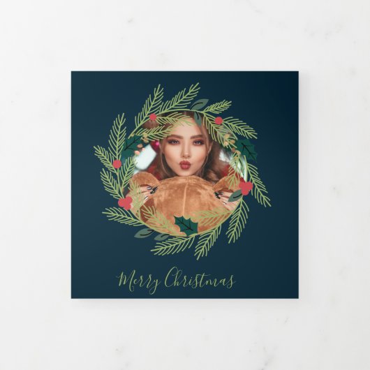 クリスマスリース写真パーソナライズされたクリスマス 三つ折りクリスマスカード (カバー)