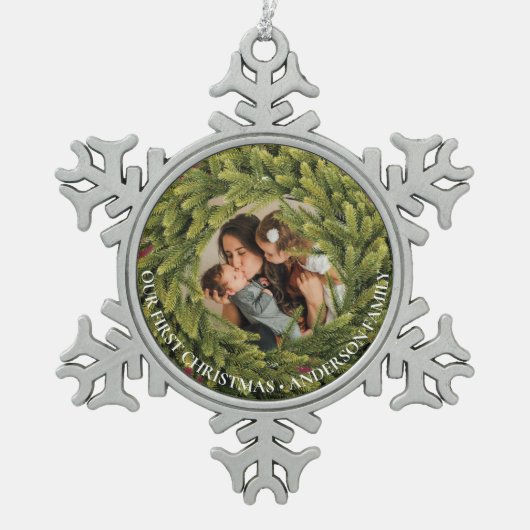 クリスマスリース写真 スノーフレークピューターオーナメント (正面)