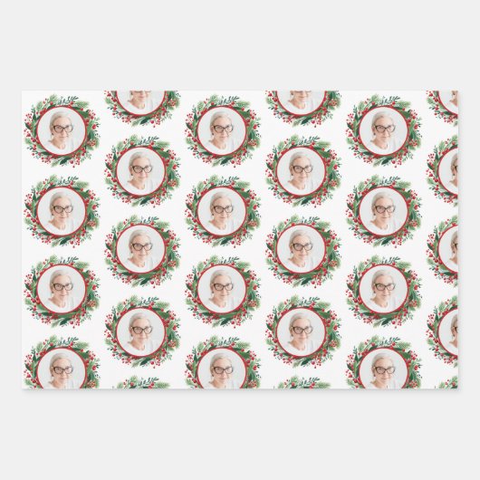 クリスマスリース家族の写真パーソナライズされた ラッピングペーパーシート (正面2)