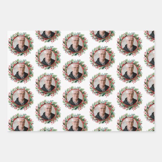 クリスマスリース家族の写真パーソナライズされた ラッピングペーパーシート (正面)