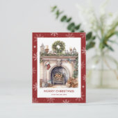 クリスマスリース暖炉スノーフレークレッド シーズンポストカード (スタンド正面)