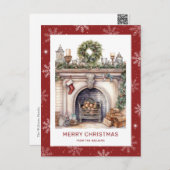 クリスマスリース暖炉スノーフレークレッド シーズンポストカード (正面/裏面)