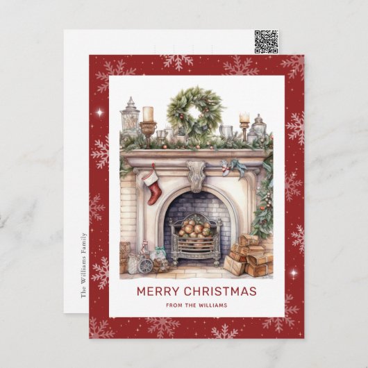 クリスマスリース暖炉スノーフレークレッド シーズンポストカード (正面/裏面)
