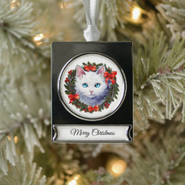 クリスマスリース水彩画の白絵画猫 シルバープレートバナーオーナメント