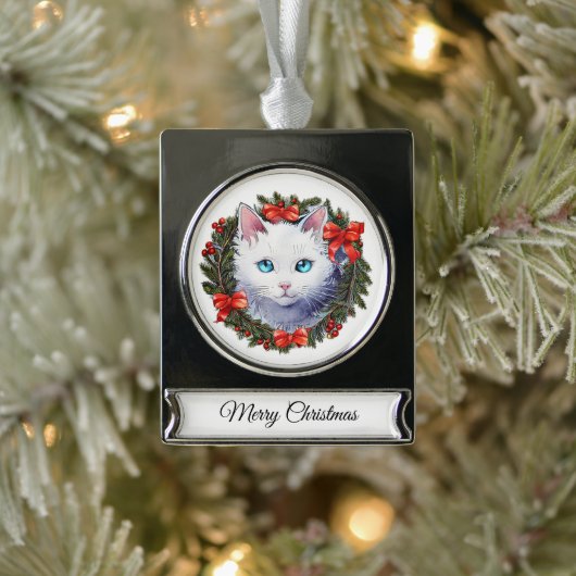 クリスマスリース水彩画の白絵画猫 シルバープレートバナーオーナメント (ツリー)