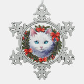 クリスマスリース水彩画の白絵画猫 スノーフレークピューターオーナメント (正面)