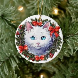 クリスマスリース水彩画の白絵画猫 セラミックオーナメント