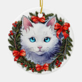 クリスマスリース水彩画の白絵画猫 セラミックオーナメント (正面)