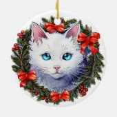 クリスマスリース水彩画の白絵画猫 セラミックオーナメント (裏面)