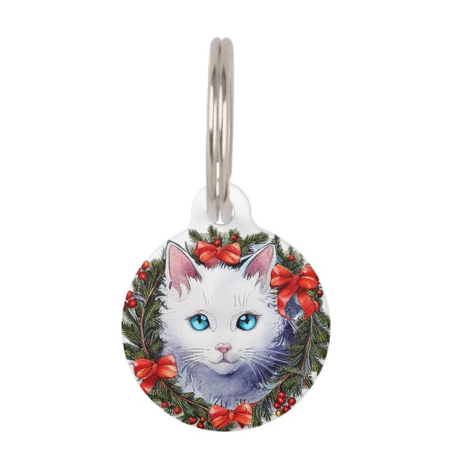 クリスマスリース水彩画の白絵画猫 ペット　ネームタグ (正面)