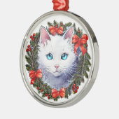 クリスマスリース水彩画の白絵画猫 メタルオーナメント (左)
