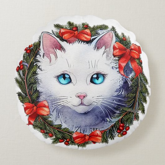 クリスマスリース水彩画の白絵画猫 ラウンドクッション (正面)