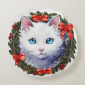 クリスマスリース水彩画の白絵画猫 ラウンドクッション (裏面)