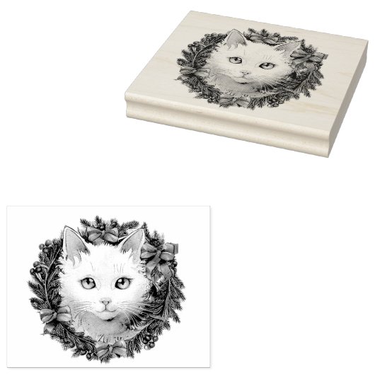 クリスマスリース水彩画の白絵画猫 ラバースタンプ (押印)