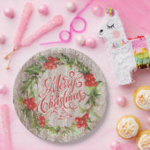 クリスマスリース素朴ウッドレッドホリータイポグラフィ ペーパープレート (パーティー)