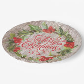 クリスマスリース素朴ウッドレッドホリータイポグラフィ ペーパープレート (アングル)