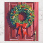 クリスマスリース赤いドアの水彩画 ワインラベル (シングルラベル)