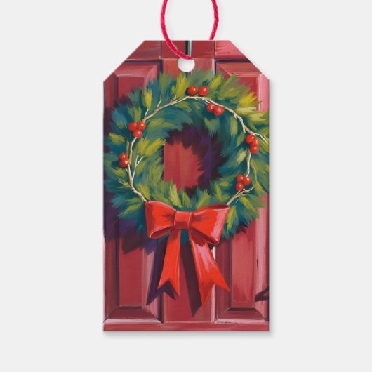 クリスマスリース赤いドア水彩画 ギフトタグ (正面)